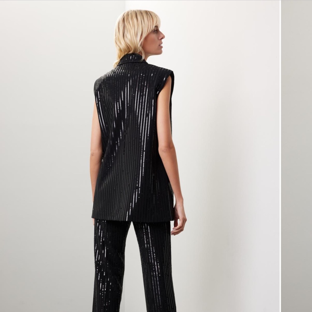 Michael Kors Black Sequin Pinstripe Double-Breasted Sleeveless Blazer Vest - Picture 8 of 8